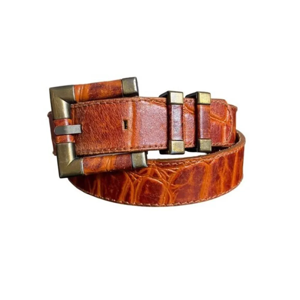 Vintage 90s Express Embossed Brown Leather Croc Belt Brass Buckle - Size Medium